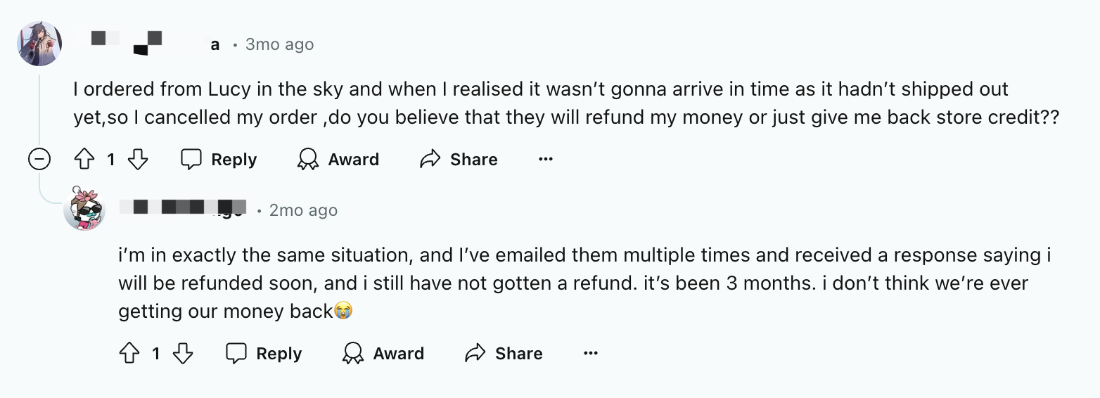 screenshot of people's review about Lucy in the sky's return and refund policy